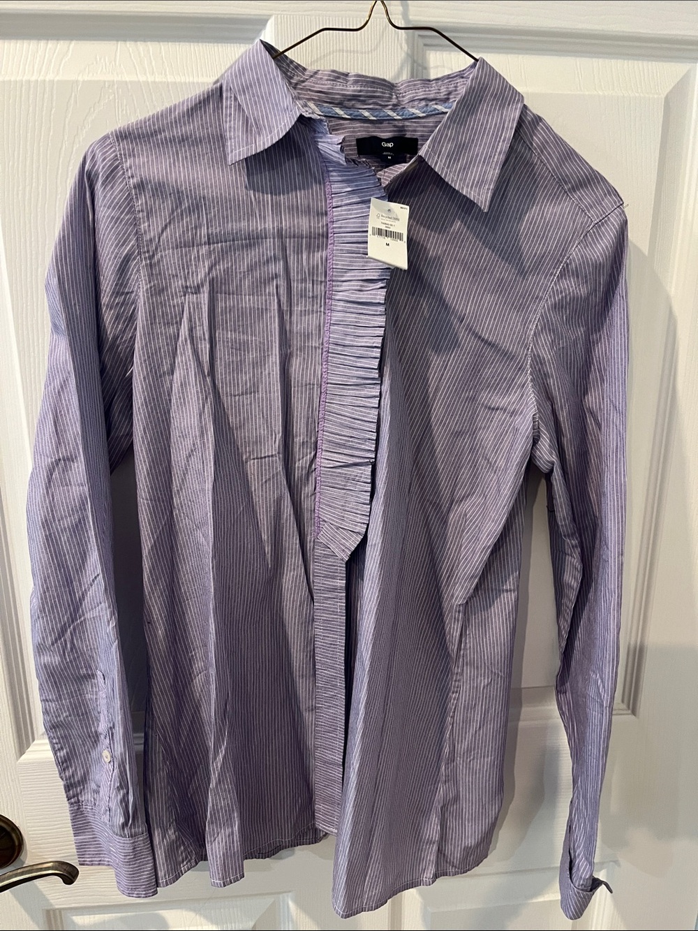 GAP Lavender Pinstripe Ruffle-Front Dress Shirt